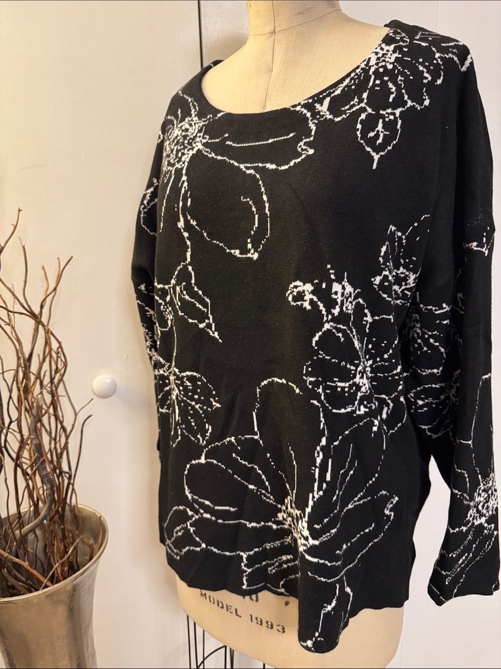 Tahari Black and White Floral Knit Sweater